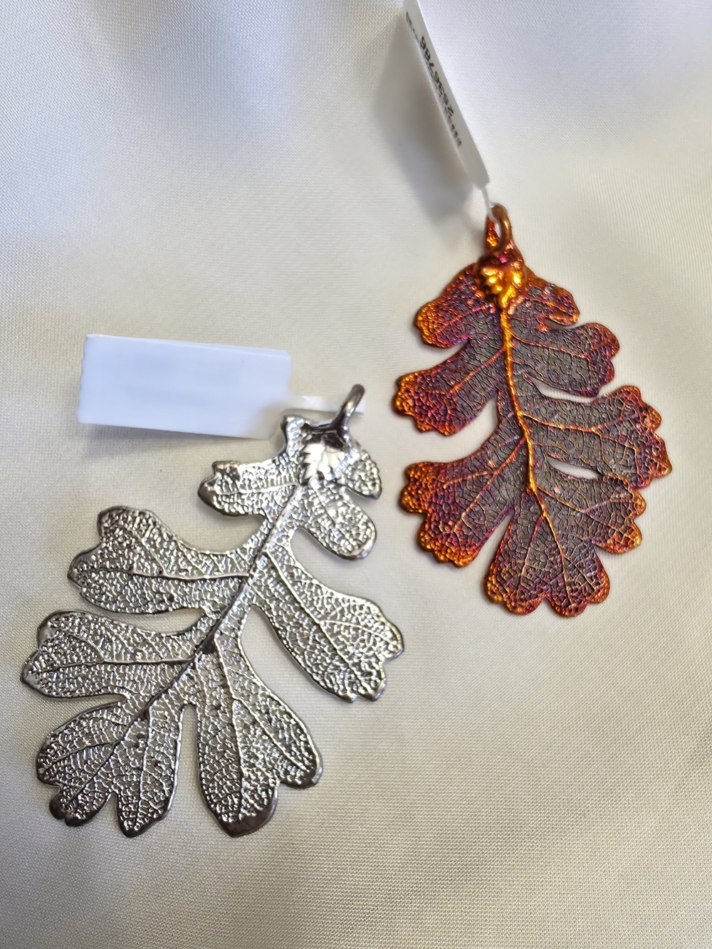 Electroplated Real Oak Leaf Pendants, Silver And Irridescent Copper Finishes
